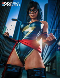 3d 3d_(artwork) artist_name birds boots brown_body brown_eyes brown_hair brown_skin brown_skinned_female city city_background costume gloves kamala_khan lamppost marvel marvel's_avengers_(game) marvel_comics mask masked_female ms._marvel ms._marvel_(kamala_khan) outdoors outside pristinerenders road scarf sky superhero superheroine rating:Questionable score:67 user:Ashmount