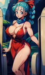 1girls :o ai_generated ass big_breasts blue_eyes blue_hair bow breasts bulma_briefs cleavage dragon_ball dragon_ball_z dress female female_only hairbow huge_breasts large_breasts long_hair looking_away outdoors outside ponytail revealing_clothes revealing_outfit scarf solo stable_diffusion standing tampopo thighs tied_hair rating:Questionable score:69 user:Tampopo