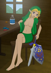 barefoot beige_skin blue_eyes bottle breasts chair clothes clothing color crossed_legs day ear ear_piercing exposed_breasts eyes female female_only front_view gem indoors link looking_at_viewer master_sword milk nipples open_clothes open_eyes open_mouth piercing pointy_ears rule_63 shield shirt sitting skirt smile solo straight_hair suktar sword table the_legend_of_zelda tunic weapon window rating:Explicit score:38 user:bot