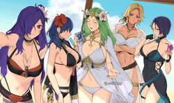 5girls alternate_costume artist_name bare_shoulders beach bikini black_bikini black_choker black_one-piece_swimsuit black_swimsuit blonde_hair blue_eyes blue_hair blush breasts byleth_(female)_(fire_emblem) byleth_(female)_(summer)_(fire_emblem) byleth_(fire_emblem) byleth_(fire_emblem)_(female) casual_one-piece_swimsuit catherine_(fire_emblem) catherine_(summer)_(fire_emblem) choker cleavage commentary commentary_request covered_navel drink female female_only fire_emblem fire_emblem:_three_houses fire_emblem_heroes fire_emblem_warriors:_three_hopes flower flower_in_hair green_hair hair_between_eyes hair_flower hair_ornament hair_over_one_eye hi_res hibiscus highres large_breasts long_hair looking_at_viewer melting_popsicle midriff multiple_girls navel nintendo official_alternate_costume one-piece_swimsuit open_mouth parasol popsicle pout purple_eyes purple_hair rhea_(fire_emblem) rhea_(summer)_(fire_emblem) shamir_nevrand shamir_nevrand_(summer) shez_(female)_(fire_emblem) shez_(female)_(summer)_(fire_emblem) shez_(fire_emblem) short_hair smile stomach swimsuit tassel ushiomi watermark white_bikini white_swimsuit yellow_flower rating:Questionable score:76 user:kris923