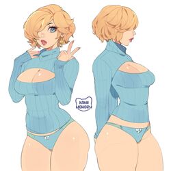 1girls alternate_costume alternate_hair_length alternate_hairstyle artist_logo artist_name big_breasts blonde_female blonde_hair blue_eyes blue_outfit blue_sweater bob_cut bobbed_hair boob_window boobwindow_sweater bow bow_panties breasts cleavage cleavage_cutout earrings female female_only fingernails hair hair_over_one_eye kamii_momoru lips lipstick long_fingernails long_nails mario_(series) multiple_views nails nintendo no_pants panties peace_sign pink_fingernails pink_lipstick pink_nails portrait princess princess_rosalina ribbon short_hair simple_background slim_waist solo standing star star_earrings sweater thick_thighs thighs thighs_together turtleneck turtleneck_sweater v white_background rating:Questionable score:166 user:Cherrypicker