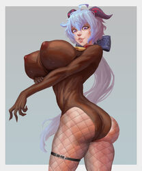  1girls ahoge ass bell blue_hair bodystocking bodysuit breasts brown_leotard collar covered_nipples cowbell fishnet_pantyhose fishnets ganyu_(genshin_impact) genshin_impact horns huge_breasts leotard lips long_hair looking_at_viewer low_ponytail neck_bell onikaiii pantyhose parted_lips purple_eyes simple_background skin_tight solo solo_female thick_thighs thigh_strap thighs white_background  rating:explicit score: user:gigiformica