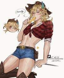 blonde_hair blonde_male blush blush_lines boots booty_shorts clothing cowboy_hat cowgirl_outfit earrings exposed_stomach eyelashes femboy genshin_impact hairclip hi_res highres human kaveh_(genshin_impact) long_eyelashes long_hair paid_reward_available pale_skin popsicle red_eyes shesofyee shorts sucking sucking_popsicle sweat sweatdrop sweating thick_thighs thin_waist tummy twink yaoi rating:Questionable score:112 user:futamii