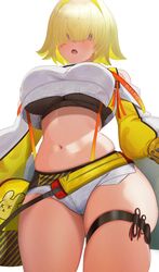 1girl big_breasts black_topwear blonde_hair booty_shorts breasts elegg_(nikke) female female_only goddess_of_victory:_nikke hair_over_eyes midriff navel ni_tamago_sando pale-skinned_female pale_skin purple_eyes short_shorts shorts shoulder_length_hair suspenders thick_thighs thigh_strap two_tone_hair underboob white_jacket rating:Questionable score:130 user:A_Gamecube