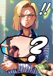  1girls ai_generated android_18 blonde_hair blue_eyes dragon_ball dragon_ball_z koyosecond light-skinned_female money prostitution short_hair tagme  rating:questionable score: user:baby_factory