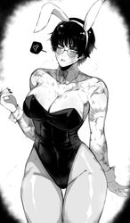 1girls black_hair black_nails blush bunny_costume bunny_ears bunny_girl bunnysuit female female_only glasses jujutsu_kaisen large_breasts looking_away masoq095 monochrome nail_polish playboy_bunny round_glasses scar scared scars short_hair skin_tight solo thick_thighs thighs tomboy wide_hips zenin_maki rating:Explicit score:206 user:kayafr