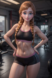 1girls ai_generated angel_light angel_light_(artist) anna_(frozen) disney disney_princess frozen_(film) gym princess sportswear rating:Explicit score:40 user:Angel_Light