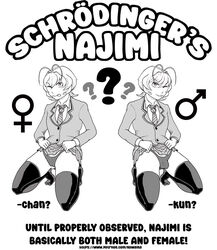  1boy 1girls black_and_white bulge komi-san_wa_komyushou_desu komi_can't_communicate kowaina.scary lifting_skirt najimi osana_najimi panties school_uniform stockings  rating:questionable score: user:kowaina