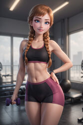 1girls ai_generated angel_light angel_light_(artist) anna_(frozen) disney disney_princess frozen_(film) gym princess sportswear rating:Explicit score:22 user:Angel_Light