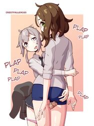 1boy 1futa alternate_version_available artist_signature breasts brown_hair clothed clothing commission crestfallen163 duo erection female fully_clothed futa_on_male futanari girls'_frontline green_eyes grey_hair human light-skinned_futanari light-skinned_male light_skin m200_(girls'_frontline) mostly_clothed original_character panties_down penis purple_eyes short_hair shorts skirt standing thigh_job thigh_sex uniform rating:Explicit score:23 user:A95-