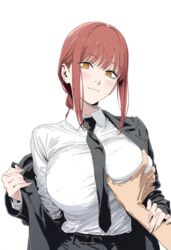 ai_generated big_breasts blush bob_cut bra breast_grab breast_squeeze breast_squish chainsaw_man choku_to-san_no_kyonyū glowing_eyes grabbing_arm grabbing_breasts groping horny horny_female long_hair looking_at_viewer makima_(chainsaw_man) open_jacket red_hair smiling smiling_at_viewer rating:Questionable score:179 user:ThatFGuy