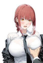 ai_generated big_breasts blush bob_cut bra breast_grab breast_squeeze breast_squish chainsaw_man choku_to-san_no_kyonyū glowing_eyes groping horny horny_female long_hair makima_(chainsaw_man) open_jacket red_hair see-through see-through_clothing sweat sweating tied_hair turned_on rating:Questionable score:166 user:ThatFGuy