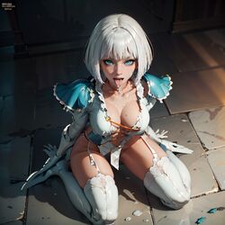  ai_generated big_breasts blue_eyes bukkake daddy_eros gloria_(devil_may_cry) gloves kneeling looking_at_viewer tanned_female tanned_skin thighhighs white_hair  rating:explicit score: user:daddy_eros