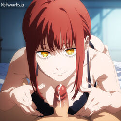 1boy1girl 1girls ai_generated anime anime_style bed bedroom breast_grab breasts brush chainsaw_man cum cumming denji_(chainsaw_man) female_focus kneehighs kneel kneeling makima_(chainsaw_man) nsfwworks.ia paizuri penis pose red_hair small_penis smile yellow_eyes rating:Explicit score:57 user:nsfwworks.ia