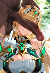 1girls ai_generated angry angry_face armpits balls bangs big_breasts black_penis blonde_hair blush censored cleavage clenched_teeth clothed_female_nude_male covering_eyes dark-skinned_male dark_skin female hair hair_ornament hand_on_another's_head head_tilt headwear hetero interracial large_breasts large_penis light-skinned_female light_skin long_hair long_penis male male_pubic_hair middle_finger mosaic_censoring mosaic_censorship mythra penis penis_covering_eyes penis_on_face penis_over_eyes steamy_penis straight sweat sweating testicles tomato_cake white_armwear xenoblade_(series) xenoblade_chronicles_2 yellow_eyes rating:Explicit score:114 user:gamble05555