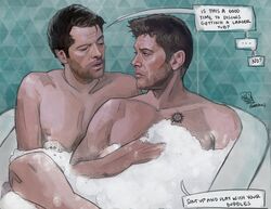  2boys actor angel artist_signature bara bath bathing bathing_together bathtub beard beard_stubble biceps black_hair brown_hair bubble bubbles castiel castiel_(supernatural) celebrity chest_tattoo couple dean_winchester duo facial_hair freckles funny gay gay_couple human humor in_character jackiedeeart jensen_ackles light-skinned_male light_skin looking_at_another looking_at_partner male male/male male_only misha_collins muscles muscular muscular_male naked naked_male nipples nude nude_male occult_symbol open_mouth pecs pentagram realistic speech speech_bubble stubble supernatural_(series) tattoo text text_bubble yaoi  rating:safe score: user:priape