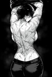 1girls arms_up ass back back_view backboob big_ass big_breasts big_butt black_and_white burn burn_marks burn_scar burns fat_ass female female_only glasses jujutsu_kaisen masoq095 monochrome pants partially_clothed short_hair shounen_jump sweat sweating sweaty thick_ass tomboy undressing very_short_hair wounds zenin_maki rating:Explicit score:126 user:Fumeknight1