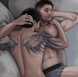  2boys actor angel arms_behind_head artist_signature asleep back_tattoo bara beard beard_stubble black_hair brown_hair castiel castiel_(supernatural) celebrity chest_tattoo closed_eyes couple cuddling dean_winchester duo enochian enochian_tattoo enochian_text facial_hair freckles gay gay_couple head_on_chest human in_character jackiedeeart jensen_ackles light-skinned_male light_skin lying lying_down lying_on_back lying_on_stomach male male/male male_only misha_collins muscular muscular_male nipples occult_symbol pentagram realistic romantic romantic_couple shirtless sleep sleeping stubble supernatural_(series) tattoo underwear wings_tattoo yaoi  rating:questionable score: user:priape