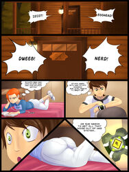 1boy 1girls ass ben_10 ben_tennyson comic female green_eyes gwen_tennyson jlullaby omnitrix orange_hair original_gwen text watch rating:Questionable score:404 user:HanJuri90