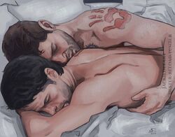  2boys actor angel artist_signature asleep bara beard bed black_hair brown_hair castiel castiel_(supernatural) celebrity chest_tattoo closed_eyes couple cuddling cute dean_winchester duo facial_hair freckles gay handprint holding_partner human in_character jackiedeeart jensen_ackles light-skinned_male light_skin lying lying_down lying_on_stomach male male/male male_only misha_collins realistic romantic romantic_ambiance romantic_couple sleeping sleeping_together supernatural_(series) tattoo yaoi  rating:safe score: user:priape