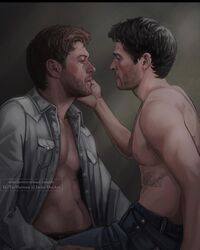  2boys actor angel bara beard beard_stubble black_hair brown_hair castiel castiel_(supernatural) celebrity chest_tattoo couple cuddling dean_winchester duo enochian enochian_tattoo enochian_text facial_hair gay gay_couple hand_on_cheek hand_on_thigh hands_on_thighs holding_partner human in_character jackiedeeart jensen_ackles light-skinned_male light_skin looking_at_another looking_at_partner male male/male male_only misha_collins muscles muscular muscular_male nipples on_top open_shirt pants pecs realistic romantic romantic_couple shirt sitting sitting_on_person stubble supernatural_(series) tattoo tattoos touching_face yaoi  rating:questionable score: user:priape