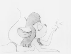 4_fingers anthro breasts chip_'n_dale_rescue_rangers closed_eyes closed_mouth clothes delta disney eyelashes female female_only furry gadget_hackwrench greyscale hair long_hair lying mammal monochrome mouse nipples on_front petal raised_tail rodent round_ears side_view solo topless rating:Explicit score:3 user:bot