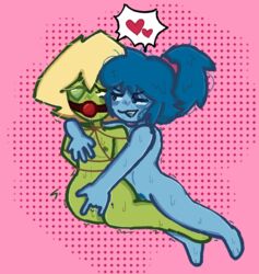  2girls ass ball_gag blonde_hair blue_skin blush bondage breasts dark_blue_hair fingering gem gem_(species) gemsona grabbing_another's_breast green_skin grinding heart heart-shaped_pupils lactation lapis_(gem) lesbian_sex love messy_hair muffiqute_verse muffle_(muffiqute_verse) peridot_(gem) periqute_(muffiqute_verse) pink_hair_tie ponytail rolling_eyes rope saliva thick_thighs toasterwire trembling wet_pussy wife_and_wife  rating:explicit score: user:toasterwire