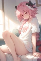 1boy a1exwell ai_generated astolfo_(fate) cute_male fate/grand_order fate_(series) femboy not_porn stable_diffusion t-shirt thighs rating:Explicit score:134 user:A1exWell