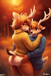 2boys ai_generated anthro antlers ass autumn boyfriends consensual cute deer deers diplive7 fall forest forest_background freckles_on_ass furry gay green_eyes hands_on_ass looking_back male october spots spots_on_butt spotted_fur squishing_ass sunshine sweater tail touching_ass trees rating:Questionable score:9 user:Diplive7