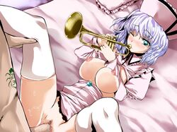 artist_request blue_eyes brass_instrument breasts censored hat instrument large_breasts lavender_hair lying merlin_prismriver nipples no_panties open_clothes playing_instrument purple_hair sex short_hair tattoo tears thighhighs touhou trumpet vaginal_penetration white_legwear white_thighhighs wince rating:Explicit score:11 user:bot