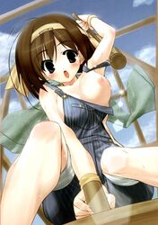 breasts brown_hair female hairband hammer human large_breasts mallet nipple_slip nipples no_bra open_mouth overalls short_hair sitting solo suzumiya_haruhi suzumiya_haruhi_no_yuuutsu tools uncensored urotan wardrobe_malfunction rating:Questionable score:11 user:bot