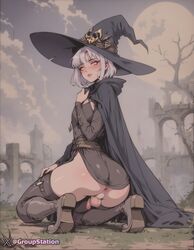 ai_generated anus ass_focus boots cloak femboy feminine_male flaccid flaccid_penis girly glowing_eyes groupstation hi_res kneeling looking_at_viewer moon otoko_no_ko otokonoko penis rear_view ruins short_hair solo solo_femboy solo_male thick_ass trap white_hair witch witch_hat rating:Explicit score:207 user:GroupStation