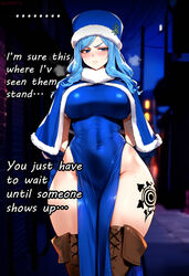  1girls ai_generated bare_legs bare_thighs big_breasts blue_eyes blue_hair blush clothed clothing color english_text fairy_tail female female_focus female_only hat hi_res juvia_lockser large_breasts light-skinned_female light_skin long_hair rantyp solo solo_female tagme text thick_thighs  rating:explicit score: user:gigiti