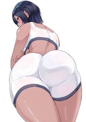 1girls ass bare_shoulders bike_shorts black_hair blue_eyes breasts dark-skinned_female dark_skin dat_ass female female_only looking_at_viewer looking_back looking_down miyamoto_issa original panties pantylines pov_ass short_hair simple_background solo solo_female sports_bra thighs underwear white_background rating:Questionable score:280 user:Lunacy