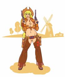 1girls applejack_(mlp) assless_chaps barbell_piercing blonde_hair blush bolo_tie breasts chaps clitoris clitoris_piercing colt_1873 confederate_flag cowboy_boots cowboy_hat cowgirl cowgirl_outfit female female_only freckles friendship_is_magic functionally_nude green_eyes gun handgun holster human large_breasts lipstick long_hair my_little_pony national_personification navel nipple_piercing nipples open_jacket pistol pussy revolver rivawi shaved_pussy smooth_skin solo standing uncensored rating:Explicit score:37 user:bot