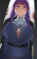 1girls big_breasts black_coat breasts cleavage coat doorway dress female fern_(sousou_no_frieren) hews hews_hack highres large_breasts long_hair looking_at_viewer purple_eyes purple_hair solo solo_female sousou_no_frieren standing tagme very_long_hair white_dress rating:Questionable score:140 user:yipe