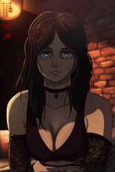  1girl attack_on_titan big_breast black_lingerie choker dark_lighting dark_room dungeon lace light-skinned_female light_skin lingerie looking_at_viewer messy_hair pieck_finger rednote shingeki_no_kyojin tired_eyes  rating:questionable score: user:deigodfrmmx