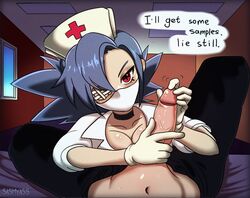  blue_hair cock gloved_handjob gloves handjob hospital nurse nurse_cap nurse_uniform red_eyes sasmyass skullgirls valentine valentine_(skullgirls)  rating:explicit score: user:tasuketekure