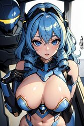  1robot_girl ai_generated android armor big_breasts blue_eyes cleavage dressed long_hair looking_at_viewer poncedart robot_humanoid solo_female  rating:explicit score: user:goddamm2255