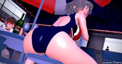  1boy 3d ass_focus big_breasts big_butt blue_eyes blush bubble_butt competition_swimsuit female fully_clothed_male gray_hair hi_res koikatsu legs_spread lewdkami3tears looking_at_viewer narukami night_sky original_character partially_clothed_female red_hair sapphire_parker watermark  rating:questionable score: user:h3nikolmix