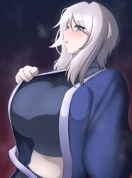 1girls big_breasts blue_eyes blush clothing faust_(limbus_company) limbus_company looking_at_viewer medium_hair project_moon short_hair steam sweat white_hair rating:Questionable score:12 user:MOLAR_ARCHIVIST