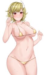 1girls areola_slip areolae armpits bangs bare_arms bare_midriff bare_shoulders bare_thighs bikini blonde_hair breasts citrinne_(fire_emblem) collarbone earrings feather_hair_ornament female female_only fire_emblem fire_emblem_engage gold_bikini gold_swimsuit hair_ornament large_breasts micro_bikini midriff nintendo red_eyes revealing_clothes short_hair shoulders sideboob smile solo sweat swimsuit thick_thighs thighs toshimasa underboob white_background yellow_bikini yellow_swimsuit rating:Questionable score:17 user:kris923