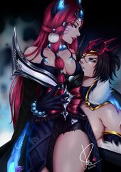 ahri black_hair blood_moon_series breasts clothed clothing female female_on_top hair_ornament kayn league_of_legends looking_at_partner looking_away male male/female muscular muscular_male nipple pokelzinha sideboob snow_moon_ahri snow_moon_kayn thick_thighs rating:Questionable score:22 user:heartless0