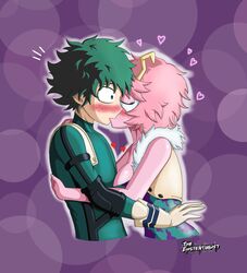 1boy 1girls big_breasts blush green_eyes green_hair green_skin hands_on_back hearts_around_head hero hero_outfit_(mha) heroine horn izuku_midoriya kiss kissing messy_hair mina_ashido my_hero_academia pink_body pink_hair pink_heart pink_skin romantic romantic_couple the_existentialist theexistentialist wholesome rating:Explicit score:46 user:UseMeAsAToy