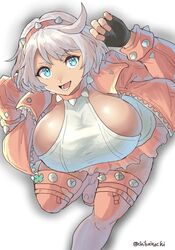 aqua_eyes artist_signature bending_forward breasts chikoinochi collar elphelt_valentine facing_viewer fully_clothed guilty_gear guilty_gear_strive headband high_boots highres huge_breasts light_skin pink_jacket short_hair white_hair rating:Questionable score:114 user:Rami_Noodl