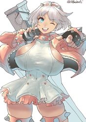 1girls aqua_eyes artist_signature breasts chikoinochi collar elphelt_valentine fingerless_gloves fully_clothed guilty_gear guilty_gear_strive highres huge_breasts light_skin looking_at_viewer pink_jacket short_hair thick_thighs white_hair wink rating:Questionable score:110 user:Rami_Noodl