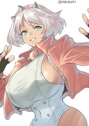 1girls aqua_eyes artist_signature breasts chikoinochi collar elphelt_valentine fully_clothed guilty_gear guilty_gear_strive headband highres huge_breasts light_skin looking_at_viewer pink_jacket short_hair sideboob solo white_hair rating:Questionable score:80 user:Rami_Noodl