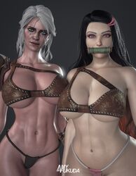 2girls amyfukuda big_breasts black_hair breasts ciri demon_slayer female female_only green_eyes grey_hair kamado_nezuko kimetsu_no_yaiba light-skinned_female looking_at_viewer mouth_gag panties pink_eyes scar the_witcher_(series) the_witcher_3:_wild_hunt white_hair rating:Explicit score:26 user:Kelpie_AI