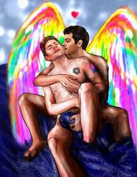  2boys actor angel angel_wings artist_name artist_signature bara big_bulge bisexual_pride_colors black_hair brown_hair bulge castiel castiel_(supernatural) celebrity chest_tattoo closed_eyes dark_hair dean_winchester duo freckles gay gay_sex grabbing_penis heart holding_hands human in_character interlocked_fingers jensen_ackles kissing kissing_neck light-skinned_male light_skin looking_pleasured male male/male male_only misha_collins moem nipples occult_symbol penis_grab pentagram pride_colors rainbow_wings romantic romantic_ambiance sex supernatural_(series) tattoo underwear wings yaoi  rating:explicit score: user:priape