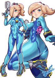 1girls blonde_hair blue_eyes bodysuit breasts crown earrings hair_over_one_eye jewelry mario_(series) metroid multiple_views nintendo paralyzer ponytail princess_rosalina samus_aran_(cosplay) star_(symbol) star_earrings tagme yamino_ekakinin zero_suit rating:Questionable score:70 user:yipe